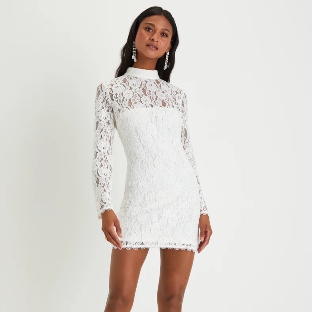 LULUS- White Lace Bodycon Mini Dress with Open Back and Sleeves